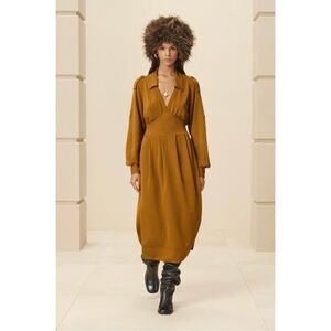 Zara Surplus Womens Midi Dress XS Mustard Gold Collared V-Neck 8516/244 NWOT